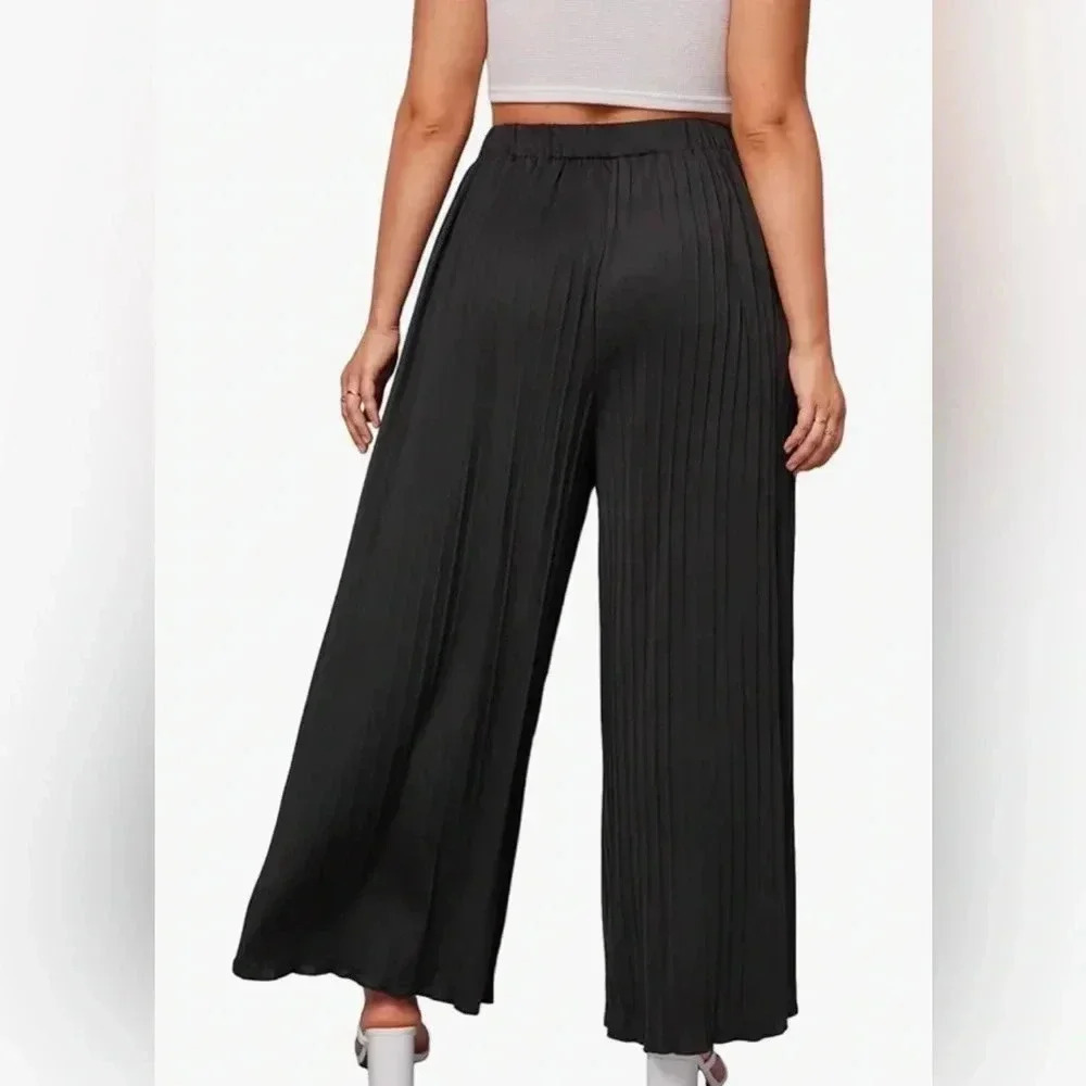 Women's One Size Pleated Elastic Waist Wide Leg Casual Long Pants - Picture 2 of 6